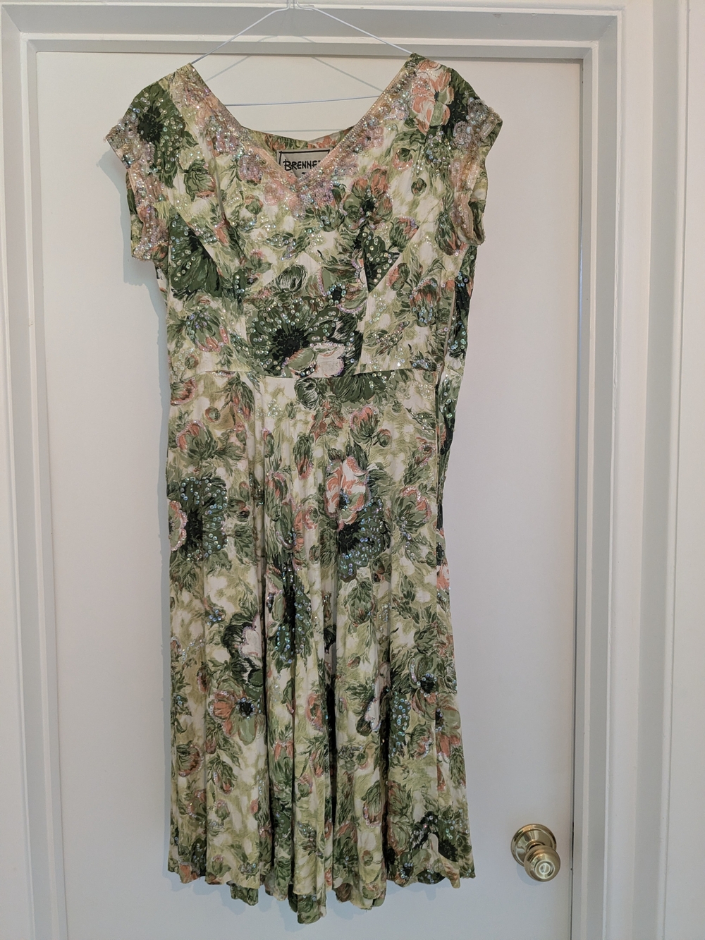 Vintage Sequined Green Dress With Pink Detailing